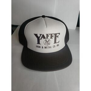Vintage 80s Yaffe Iron & Metal Hat Cap Snapback White Brown Foam Trucker Hat